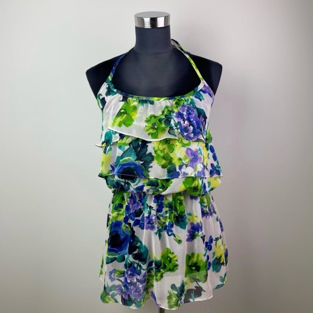 Blue and Green Floral Print Chiffon Multicolor Sleeveless Halter Ruffle Top